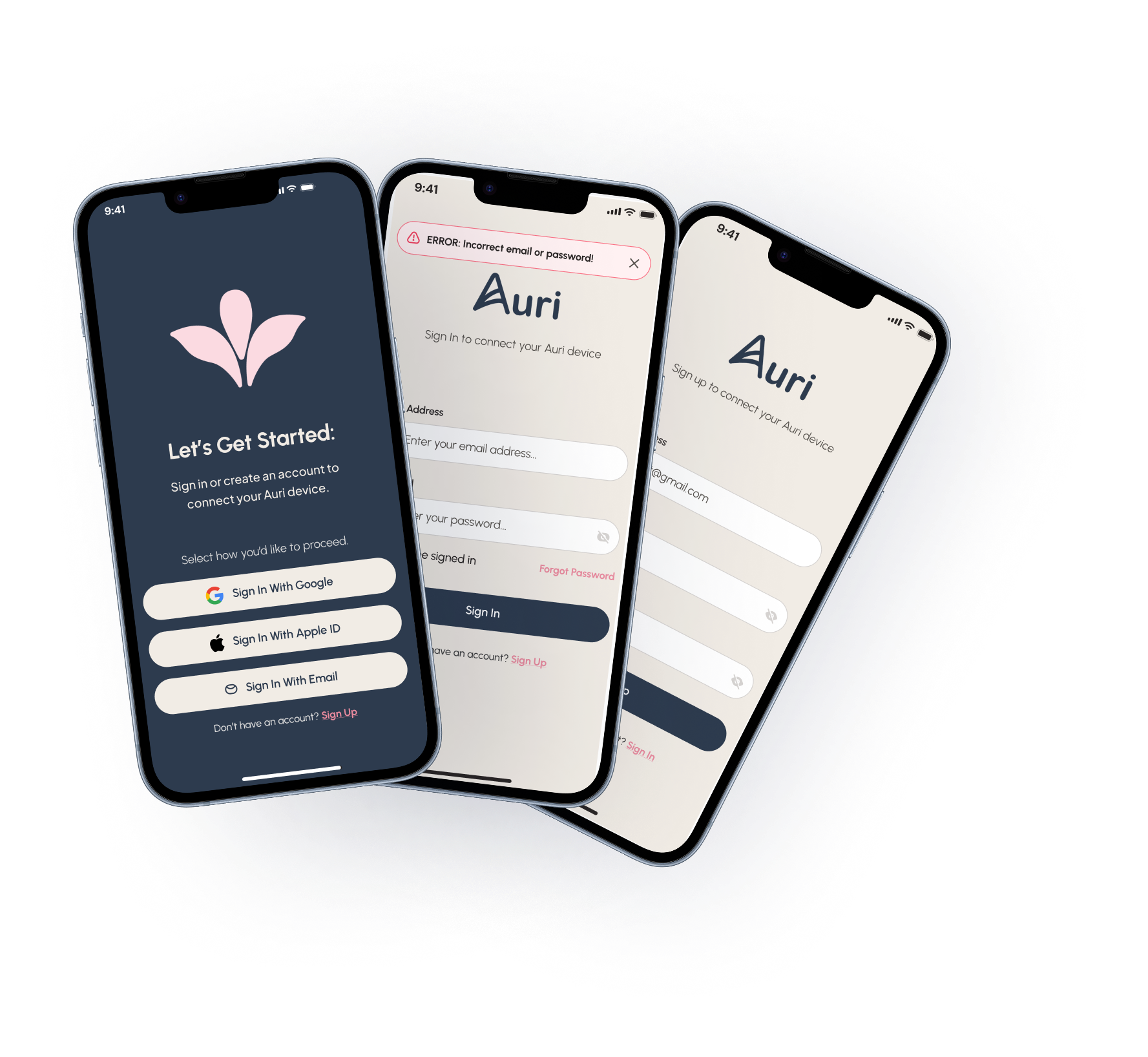 Auri Sign In and Sign Up Screens